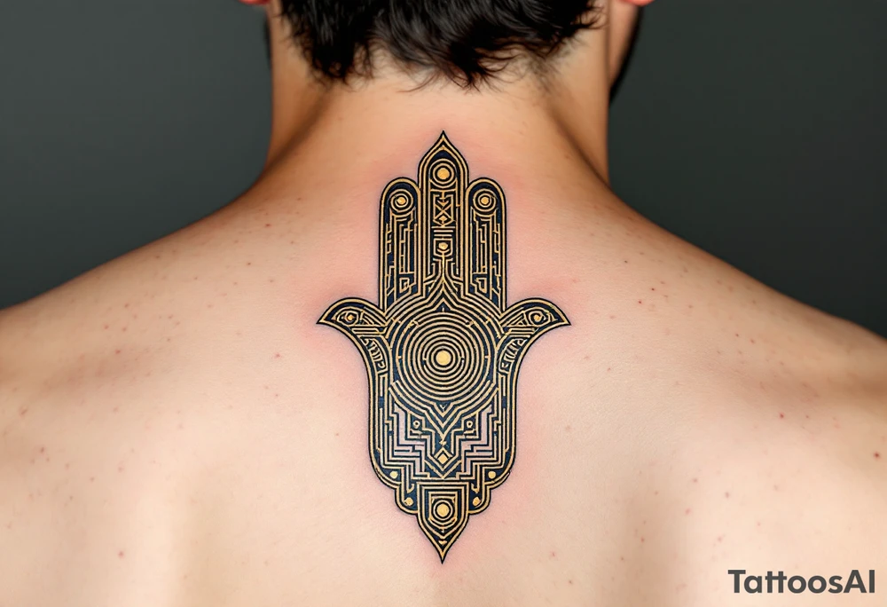 A golden Hamsa with a mesmerizing labyrinth pattern, symbolizing the journey to inner peace. tattoo idea