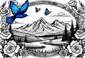 Rocky mountain peak with mountain blue birds and monarch butterflies with wild prairie roses for a half sleeve tattoo idea