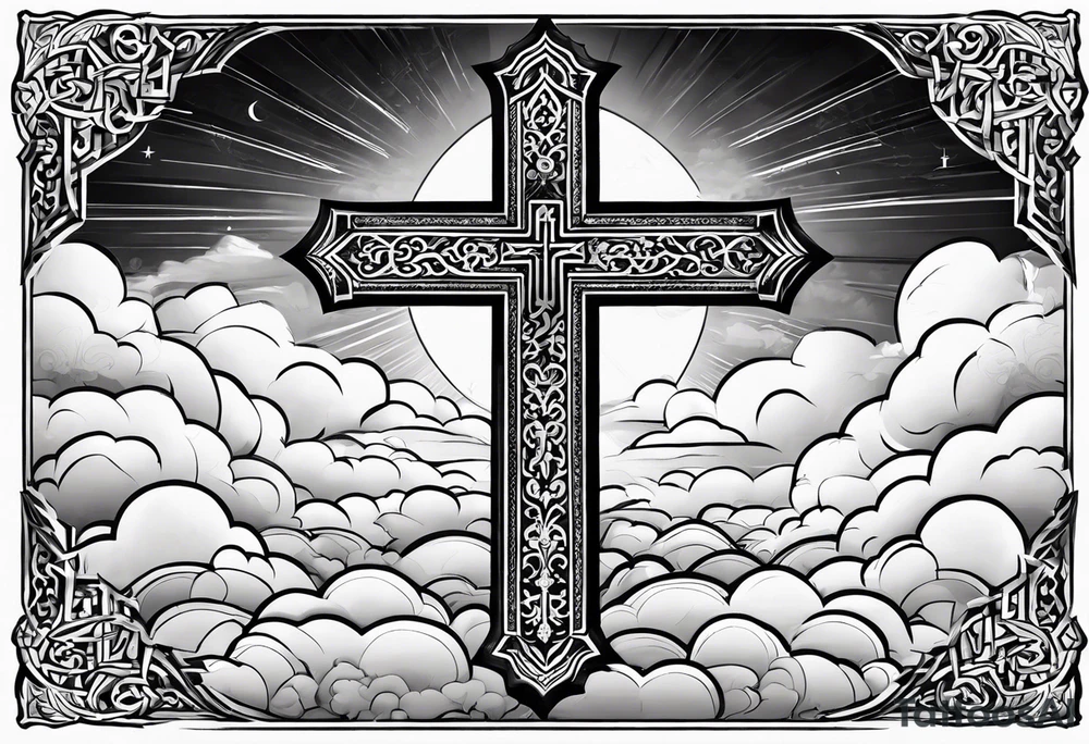 Arabic bible verse with a cross in the background and clouds surrounding the cross. tattoo idea