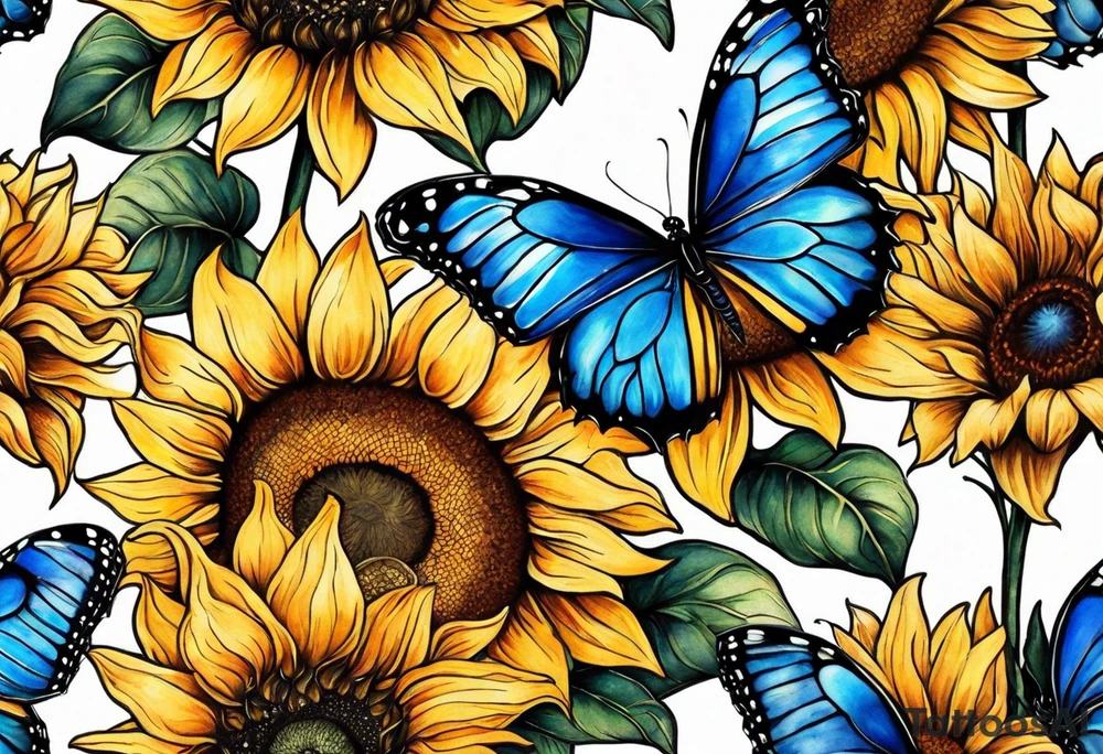 Sunflowers, full moon, blue morpho butterflies cross tattoo idea