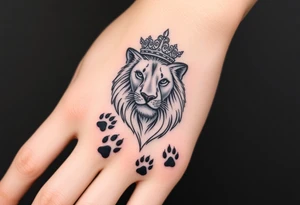powerful goregous
 lioness with a crown, surrounded by cub prints tattoo idea