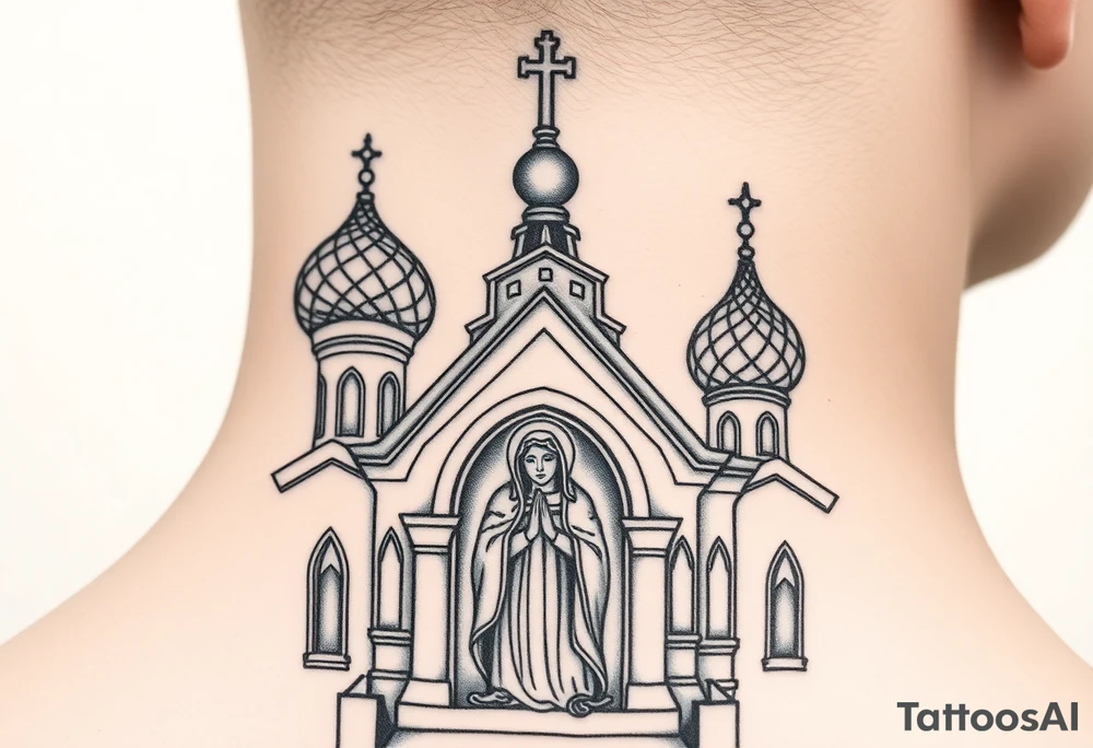 Flowing Scene

A onion domes orthodox church
Virgin Mary in prayer pose on the front doors of the russian orthodox church 
A small double headed russian coat of arms eagle or just the star tucked above the dome near the hairline tattoo idea
