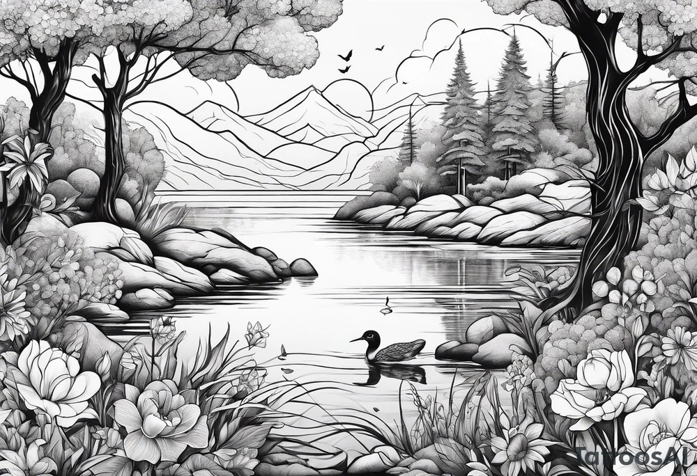 Peaceful nature scene with flowers, trees, animals and water tattoo idea