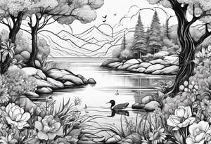 Peaceful nature scene with flowers, trees, animals and water tattoo idea