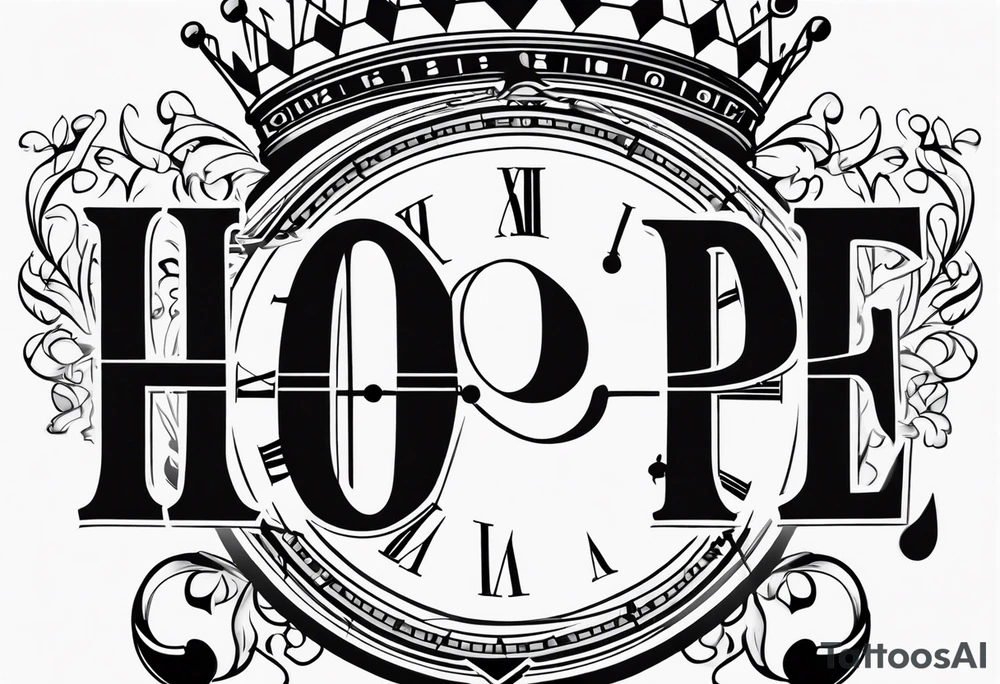 Hope lettering tattoo, broken clock, king crown incorporated tattoo idea