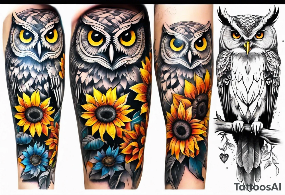 Leg sleeve with colorful sunflowers and an owl tattoo idea