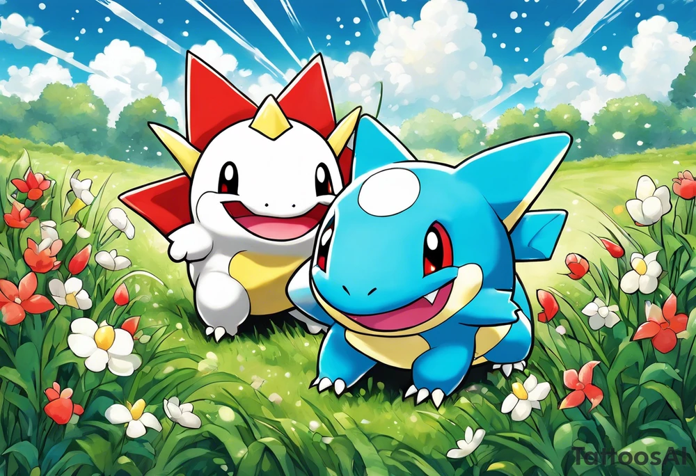 Togepi and totodile playing together in a field tattoo idea