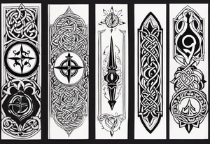 Celtic styling, anchor, compass, bass clef note, treble clef note, dog paw print, half sleeve, forearm tattoo idea