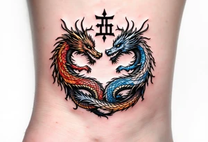 A mirrored twin dragon design, one fiery red and gold, the other icy blue and silver, intertwined in a circular dance and with Gemini glyph tattoo idea