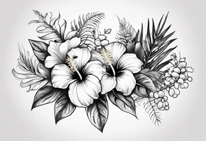 Half sleeve with hibiscuis, ferns, leaves, and complimentary flowers with small bees tattoo idea