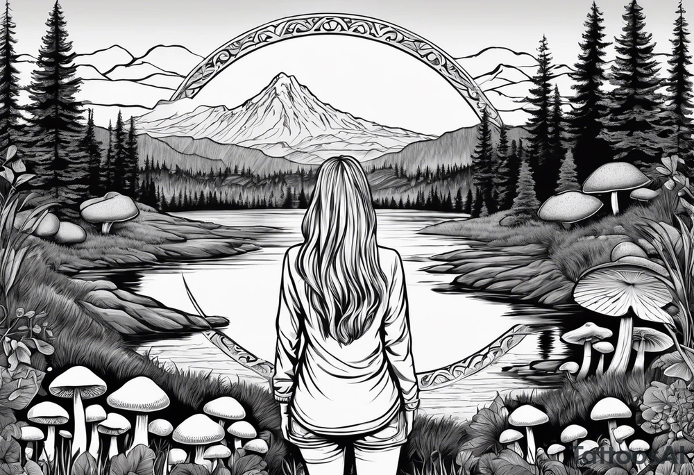Whole picture encircled fully

Straight long blonde hair hippie girl in distance holding mushrooms in hand facing away toward mountains and creek surrounded by mushrooms long sleeve shirt and hiking pants; whole rendering within a full circle, no cut off circle tattoo idea