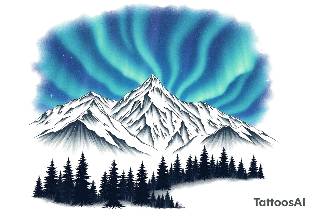 forest mountains under the northen lights tattoo idea