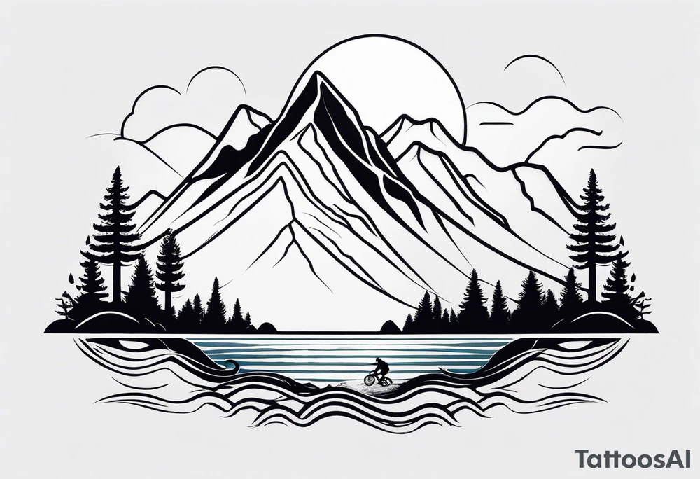 This is a minimalistic tattoo that is split into 2 sections; a top half and a bottom half. The top half is a mountain in Norway with a mountain bike trail winding down the mountain. The bottom half of the tattoo depicts an underwater scene featuring water, and sea life. tattoo idea