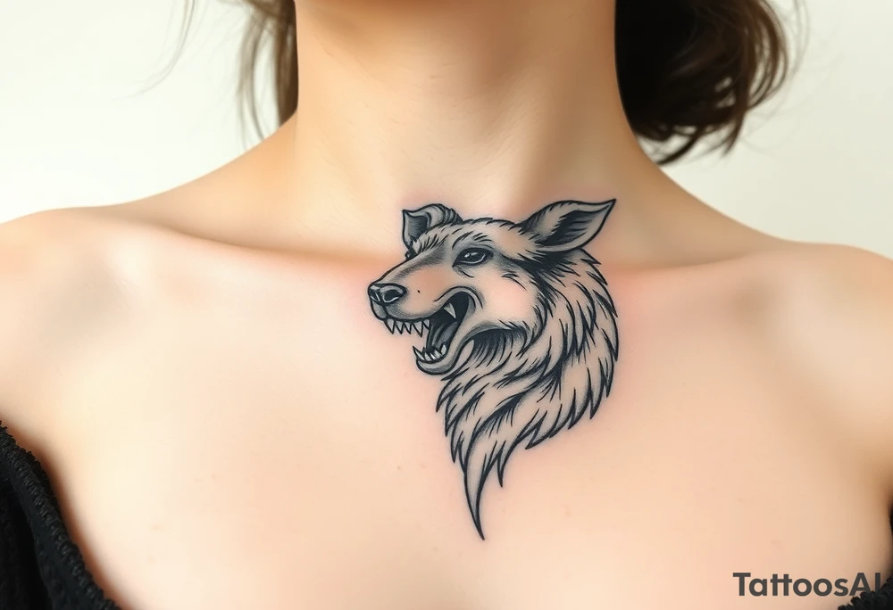 A   wolf sheep showing teeth as a mystical creature tattoo idea