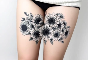 Bouquet of sunflowers, water Lillies, dahlias, marigolds, carnations, hydrangeas, daisys, and chrysanthemums tattoo idea