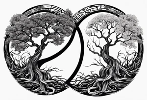 Yin and yang symbol formed by interconnected tree roots tattoo idea