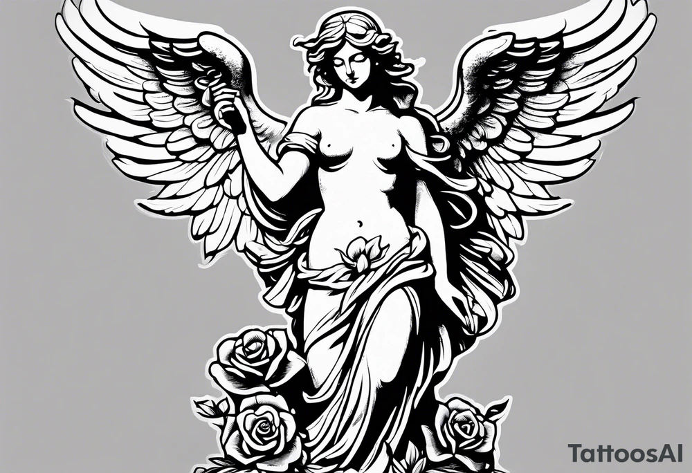 Simple Angel statue stood on a rock with daffodils and roses wrapped around its legs tattoo idea