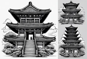 tower with ronin climbing the stairs tattoo idea
