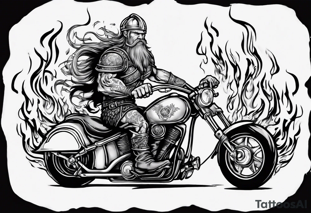 I want a detailed tattoo of a viking riding a motorcycle surrounded by flames with the company name “Viking Customs” incorporated in the design tattoo idea