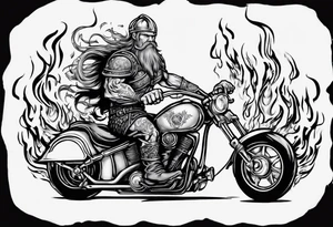 I want a detailed tattoo of a viking riding a motorcycle surrounded by flames with the company name “Viking Customs” incorporated in the design tattoo idea