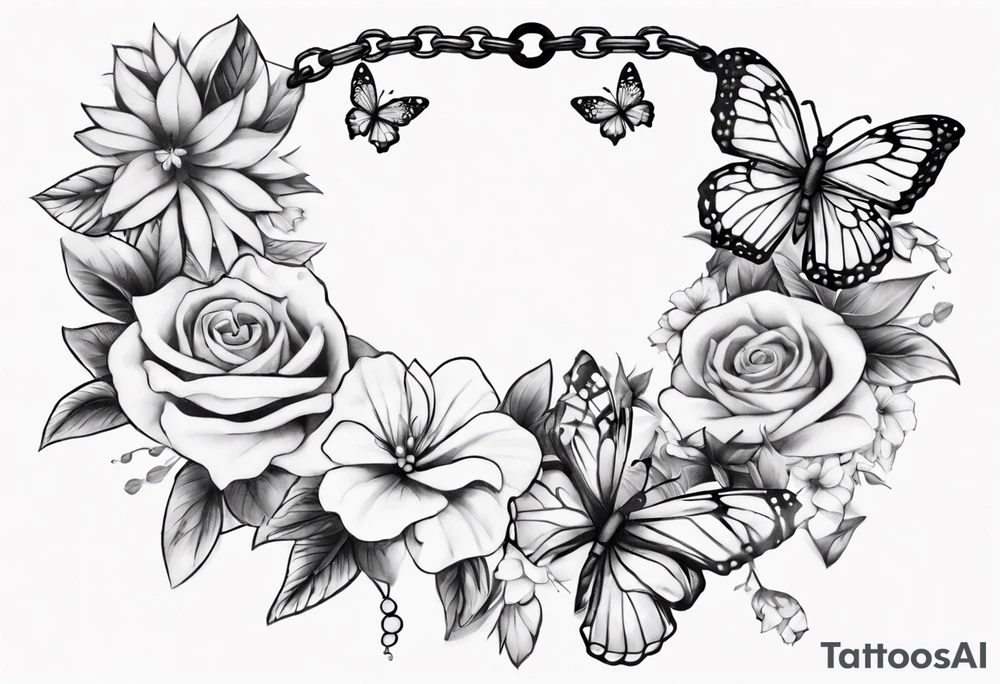 Ankle bracelet tattoo with flowers and butterflies and larger in the centre tattoo idea