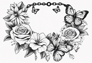 Ankle bracelet tattoo with flowers and butterflies and larger in the centre tattoo idea
