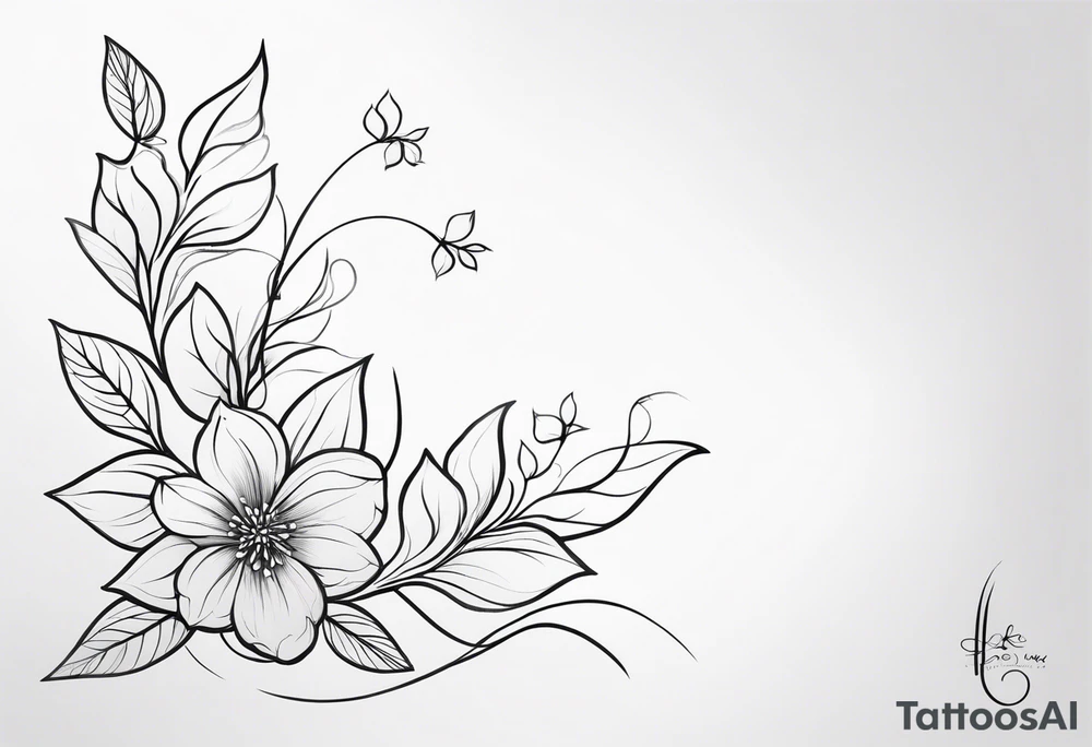 Design an ornamental tattoo featuring a single stem with delicate leaves and blossoms, using thin lines for a refined look. tattoo idea