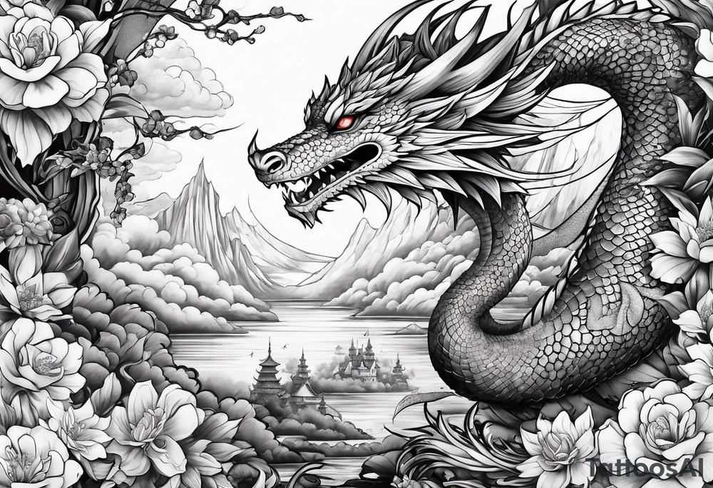fairy and a dragon in the background tattoo idea