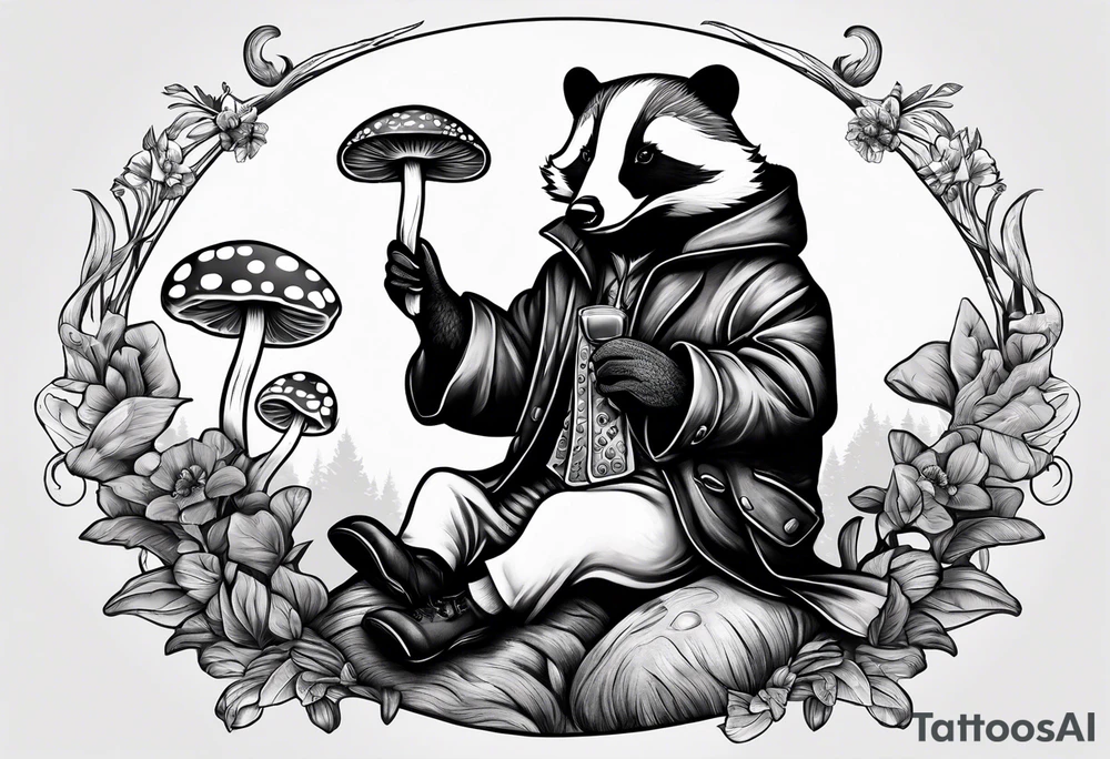 Badger in a coat sitting on a mushroom tattoo idea