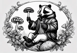 Badger in a coat sitting on a mushroom tattoo idea