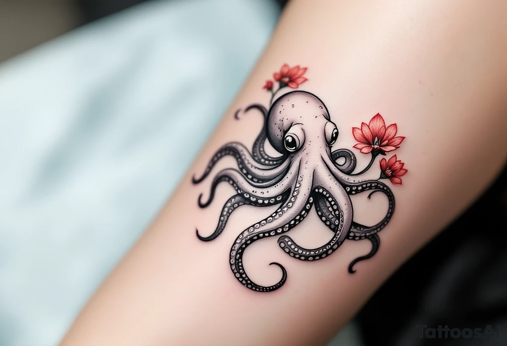 A small realistic black and grey tattoo of an octopus, cute, with detailed shading and soft linework, showing the octopus with swirling tentacles, on light skin. ornamental flowers around with red ink. The style is minimalistic and elegant, resembling fine-line tattoo with a shadow tattoo idea
