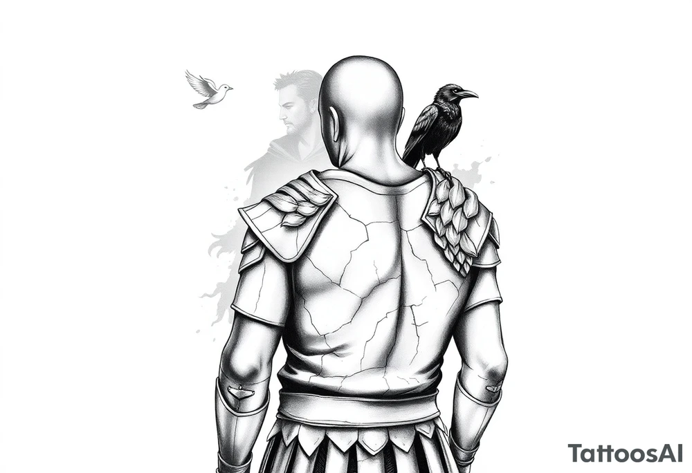 A black and grey tattoo sleeve design symbolizing silent battles and resilience. A worn gladiator with cracks in his armor stands tall, battle-weary but unbroken. Behind him, a shadowy figure represents the unseen struggles, partially obscured in mist. A single raven sits on his shoulder, symbolizing past darkness, while a faint dove soars above, representing faith and favor. Subtle tally marks blend into the background, representing victories no one sees. The design flows naturally with a balance of dark and light elements, blending realism with a slightly surreal feel. tattoo idea