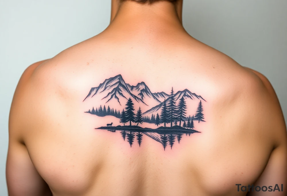 A colorful vignette with a lake and mountains with trees tattoo idea