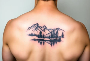 A colorful vignette with a lake and mountains with trees tattoo idea