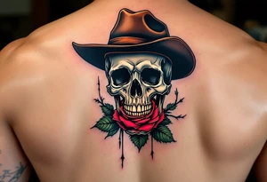 skeleton cowboy with rose in teeth tattoo idea