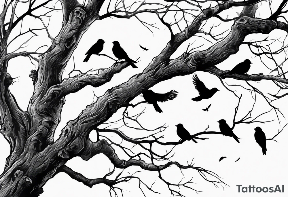 branch of a dead tree with dead birds tattoo idea