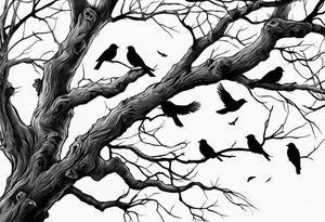branch of a dead tree with dead birds tattoo idea