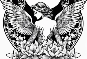 a back tatoo with a  fenix  with flames and that blooms with madonna lily's tattoo idea