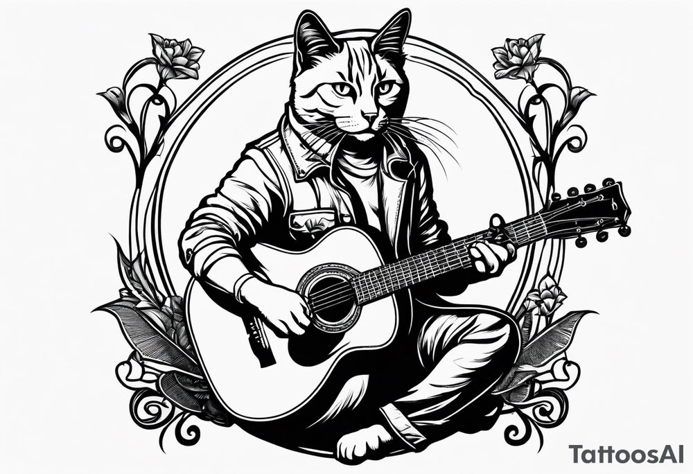 A cat playing acoustic guitar and sitting on a cajon. tattoo idea