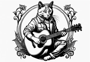 A cat playing acoustic guitar and sitting on a cajon. tattoo idea