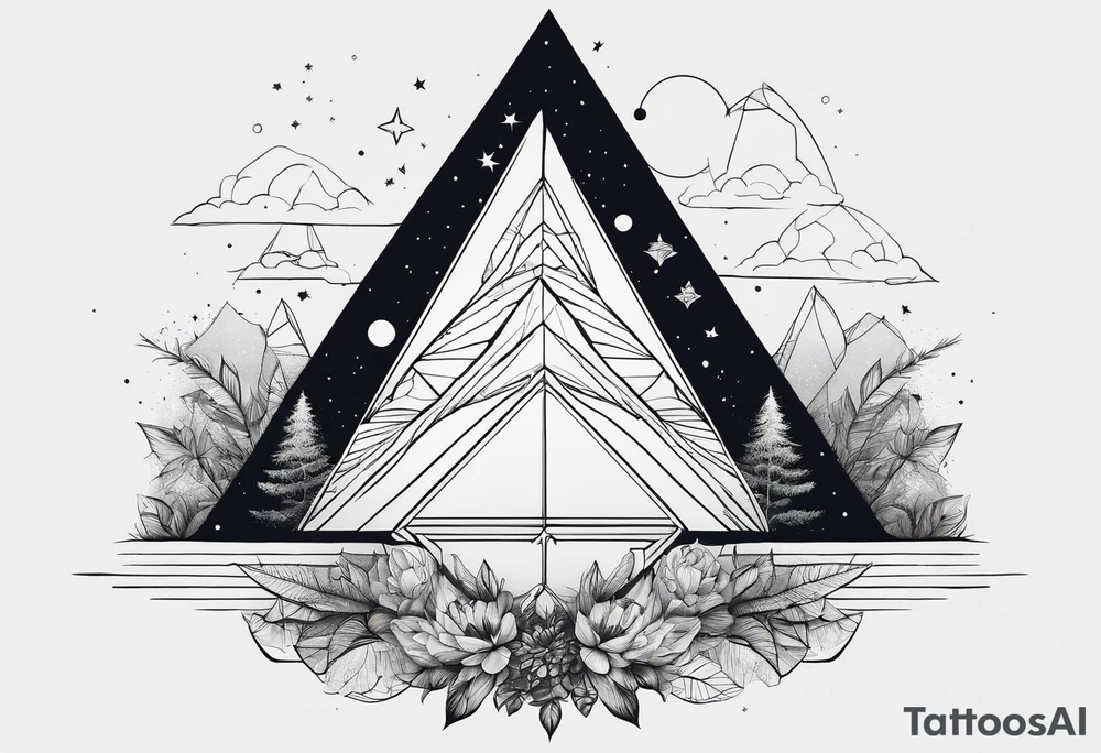 thick line art of space and nature in triangle shape tattoo idea