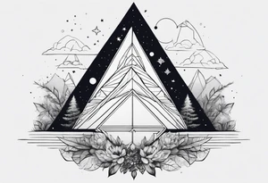 thick line art of space and nature in triangle shape tattoo idea