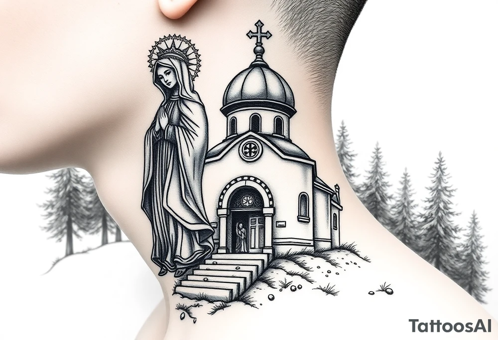 russian design traditional virgin mary stood beside the entrance of a russian orthodox dome church on the side of the neck in a wilderness setting with the design on the side of the neck tattoo idea