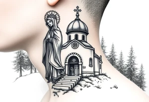 russian design traditional virgin mary stood beside the entrance of a russian orthodox dome church on the side of the neck in a wilderness setting with the design on the side of the neck tattoo idea