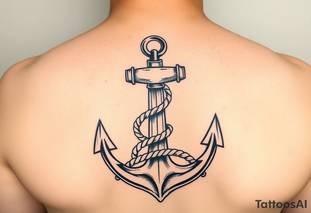 weathered anchor wrapped in nautical rope with sea waves tattoo idea
