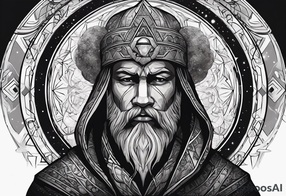 Jehovah looking out at the marvels of his creation from the atoms to the galaxy and celestial beings. With grey wash and a fantasy theme. Jehovah has to be a character who is so majestic, charismatic, immensely powerful. There isnt a single thing he isnt capable of doing. Infinitely powerful forward facing tattoo idea