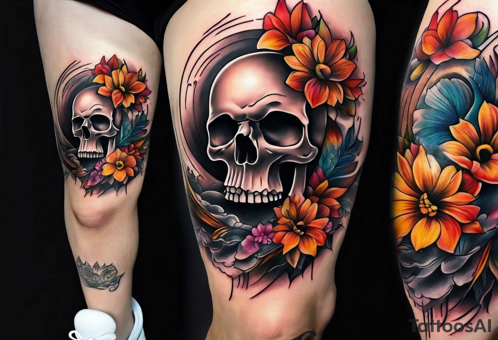 center Knee tattoo with realistic evil skull, various flowers, water and fall colors tattoo idea