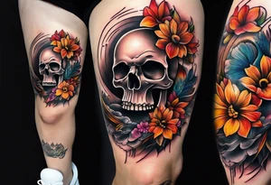 center Knee tattoo with realistic evil skull, various flowers, water and fall colors tattoo idea