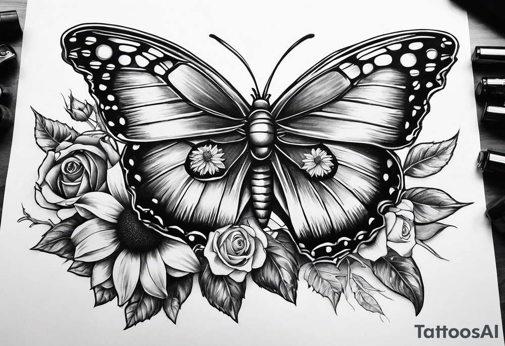 Butterfly, sunflower, camera, book, flower rose tattoo idea