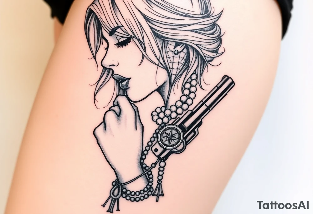 Profile of sexy woman with messy hair 
,resting chin on fist 
, mouth open  , lace, lipstick,  pearls 
compass and gun hand with rosary wrapped around hand tattoo idea